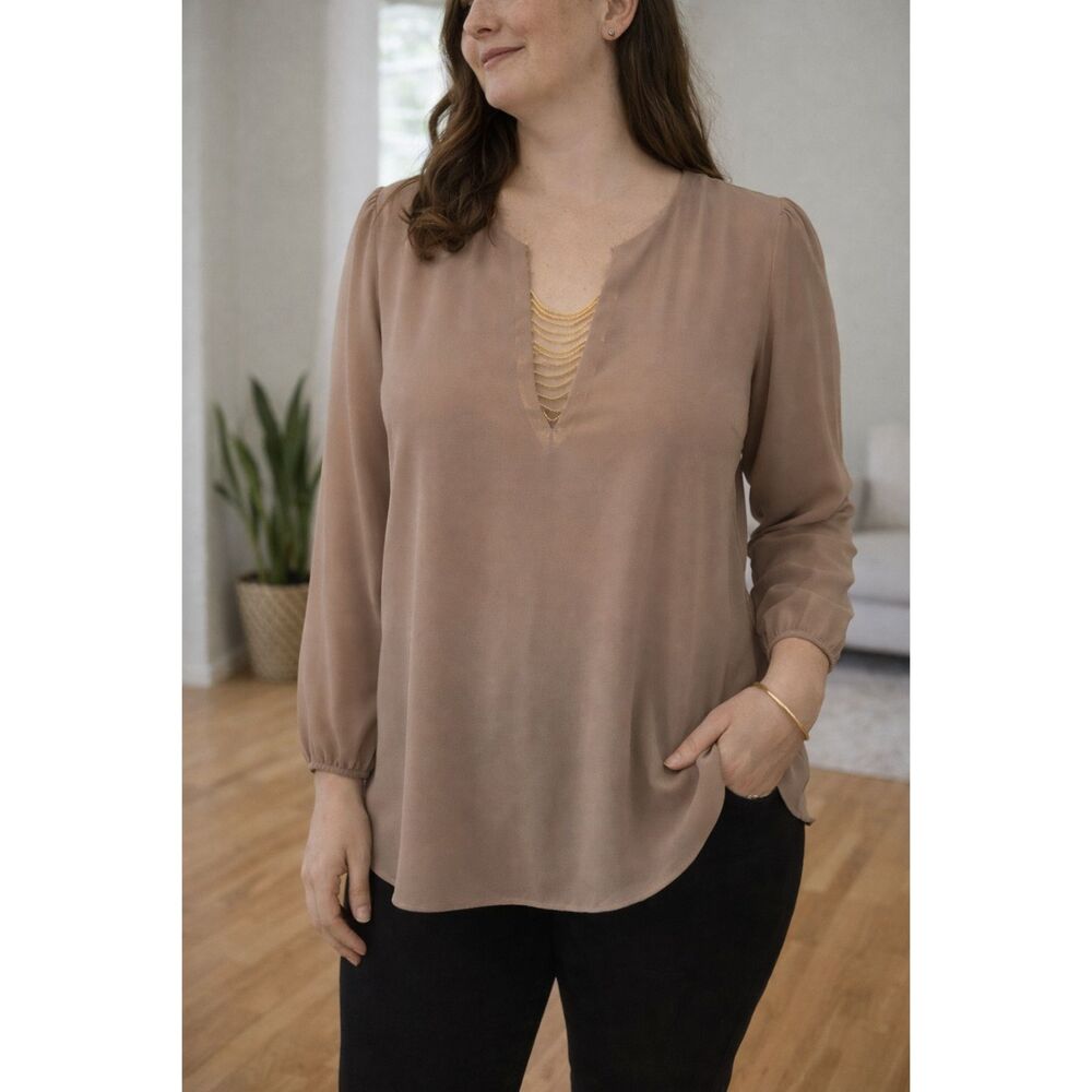 Jella Couture Taupe Sheer V-Neck Blouse Long Sleeve Minimalist Chic Top Size L